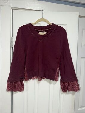 Burgundy Lace-Trim Scoop Neck Sweater